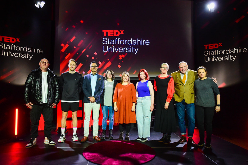 All the Ted x Staffordshire University speakers on stage. From left to right; Darren Murinas, George Bettany, Raheel Nawaz, Sophie Jackman, Anna Francis, Gemma Louise, Clare Wood, Keith Brymer Jones, Josie Morris